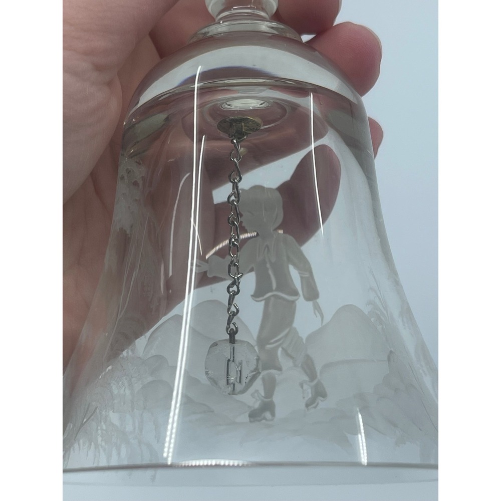 Vintage Bohemia Crystal‎ Etched Glass Bell Boy walking mountains Czechoslovakia